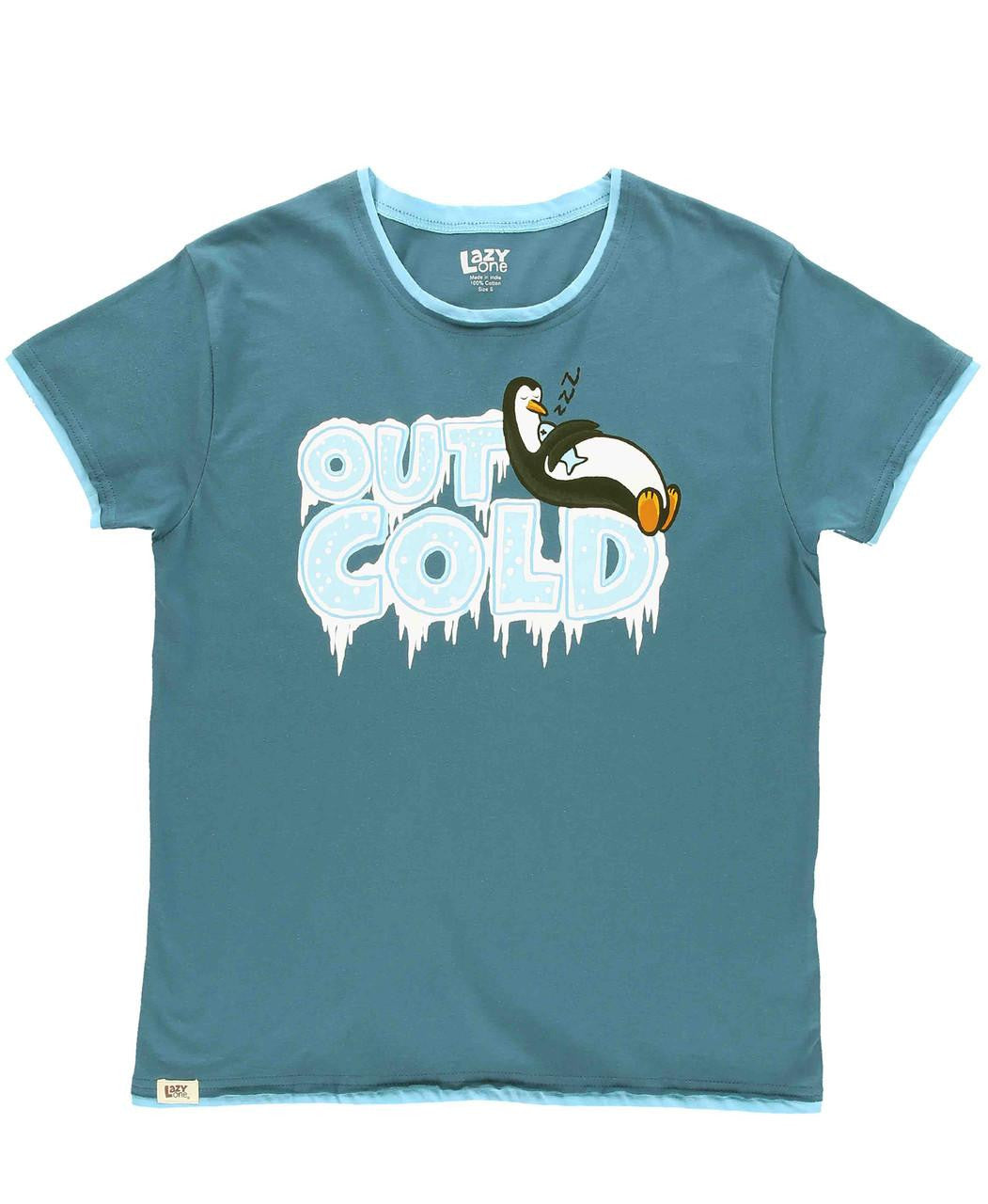 Teal t-shirt with 'Out Cold' graphic and cartoon penguin