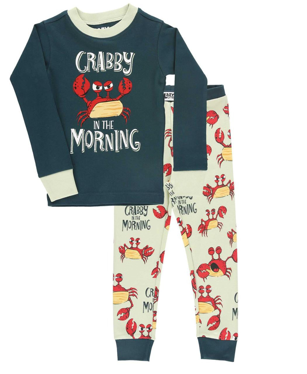 Children's pajama set with crab design and text on a white background