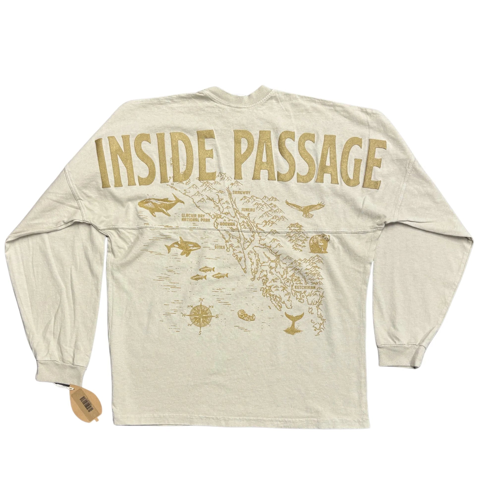 Long-sleeve shirt with 'Inside Passage' text and map design on a white background