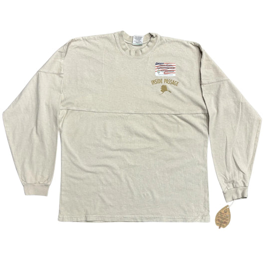 Beige long-sleeve shirt with branding on a white background