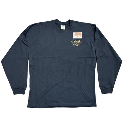 Navy long-sleeve shirt with Alaska graphic on a white background