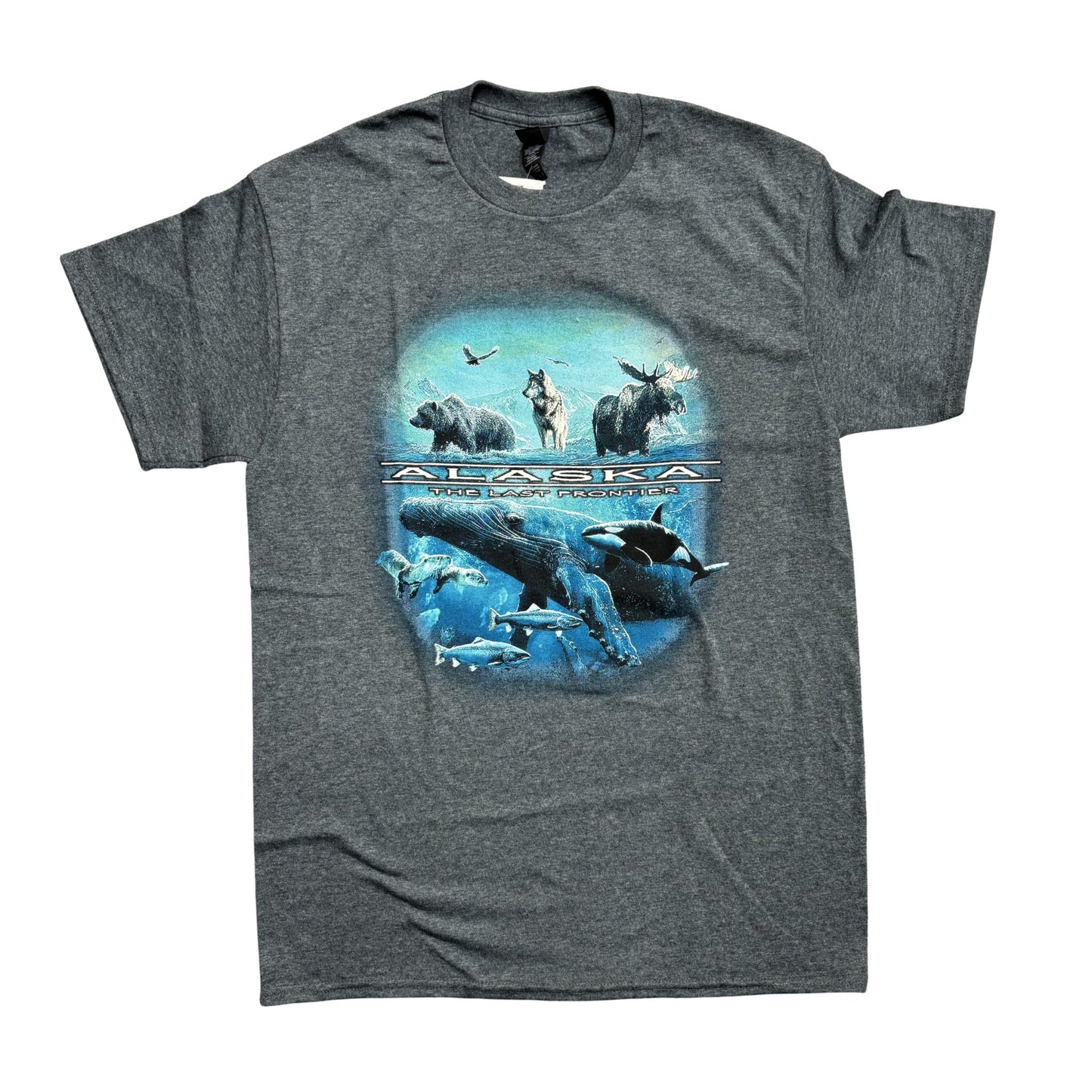 gray t-shirt with blue graphic featuring Alaska wildlife