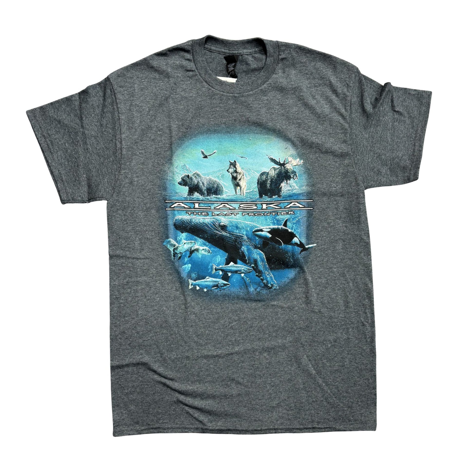 gray t-shirt with blue graphic featuring Alaska wildlife