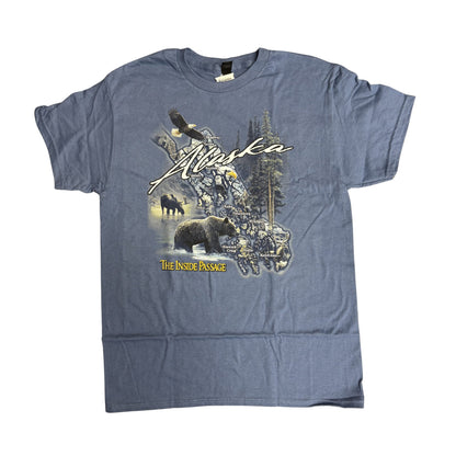 Blue t-shirt with Alaska graphic design featuring bears and an eagle on a white background
