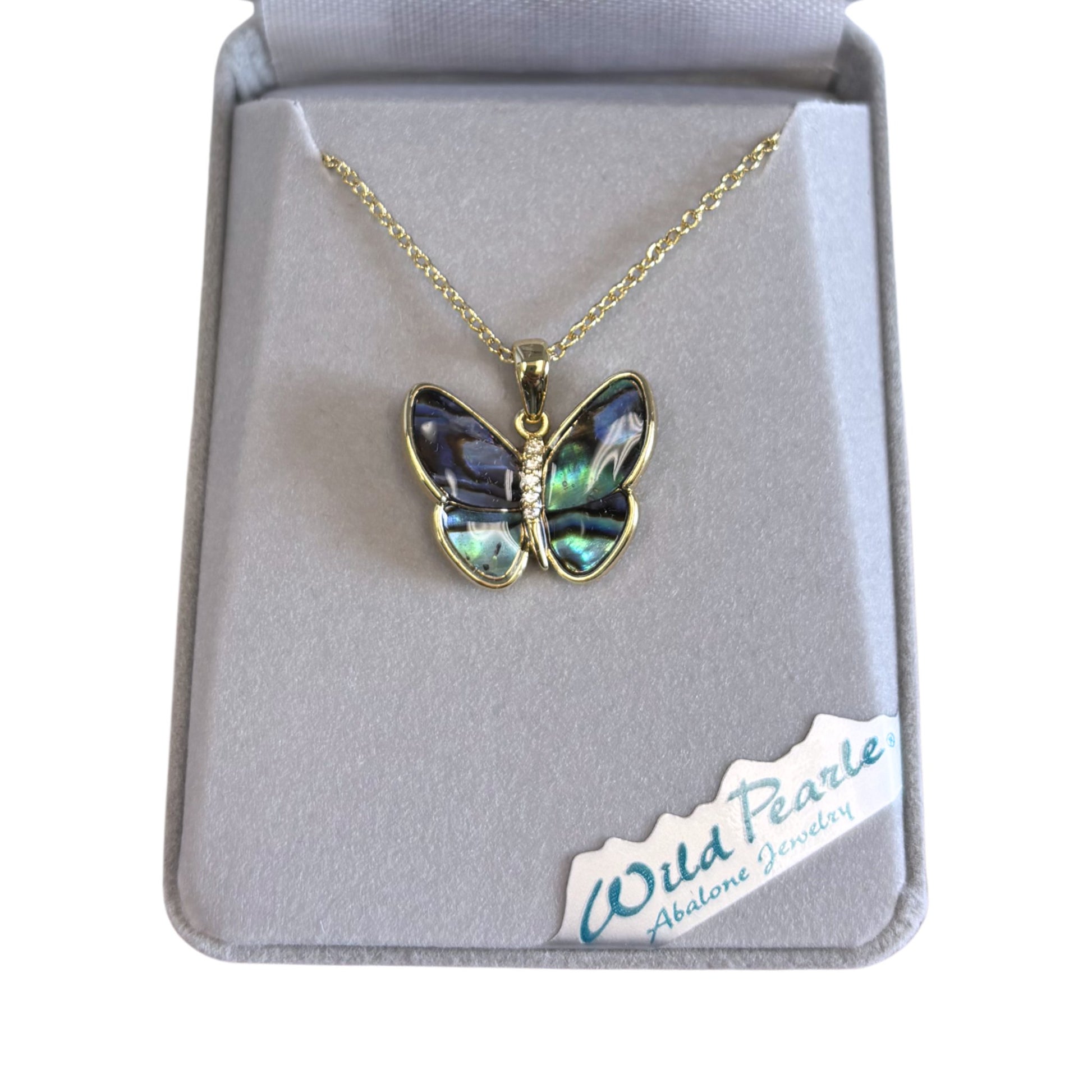 Butterfly necklace with abalone center in a 'Wild Pearle' box 
