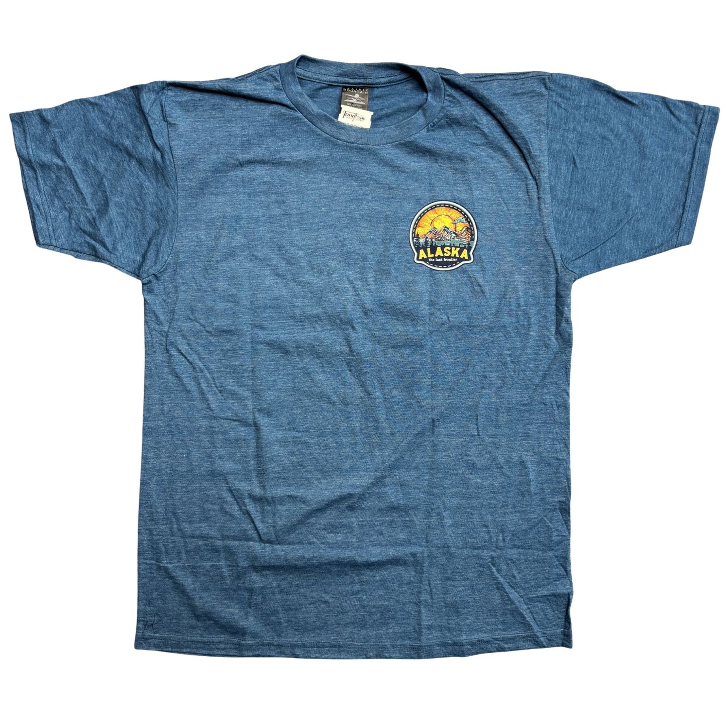 Blue t-shirt with a circular logo on a white background