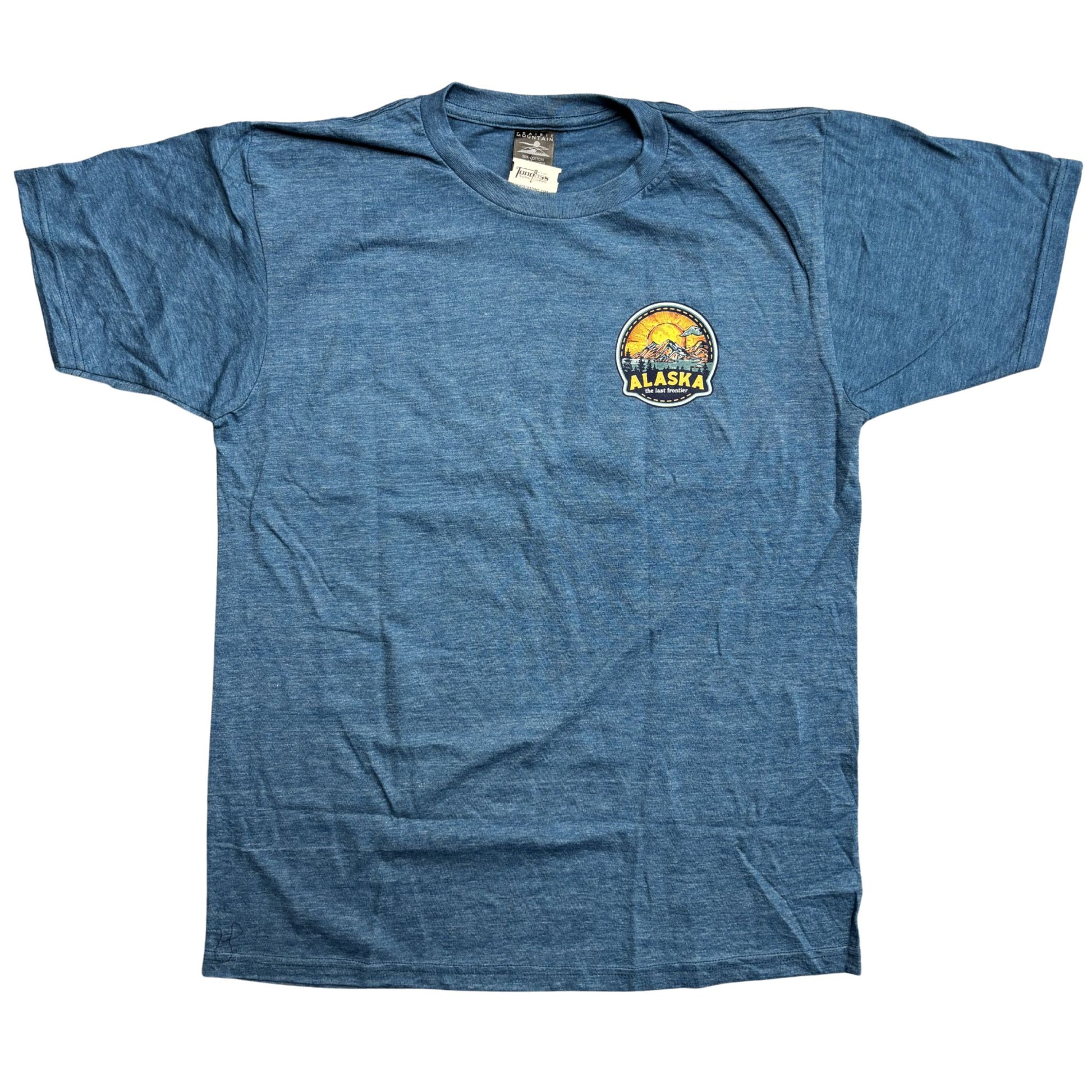 Blue t-shirt with a circular logo on a white background