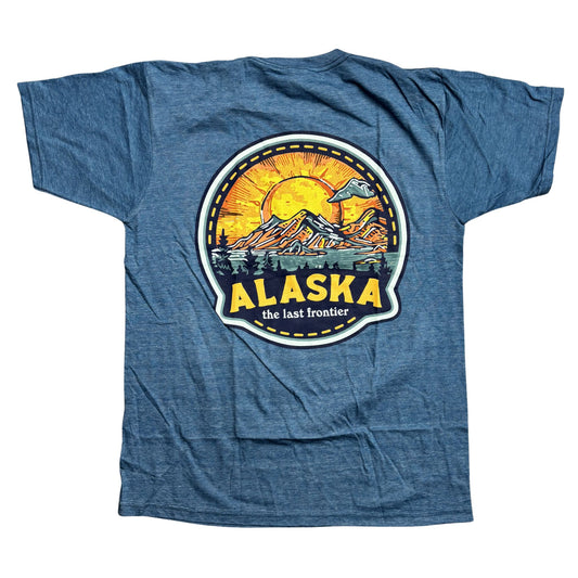 Blue t-shirt with Alaska graphic design on a white background