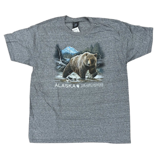 Gray t-shirt with a bear graphic and 'Alaska The Last Frontier' text on a white background