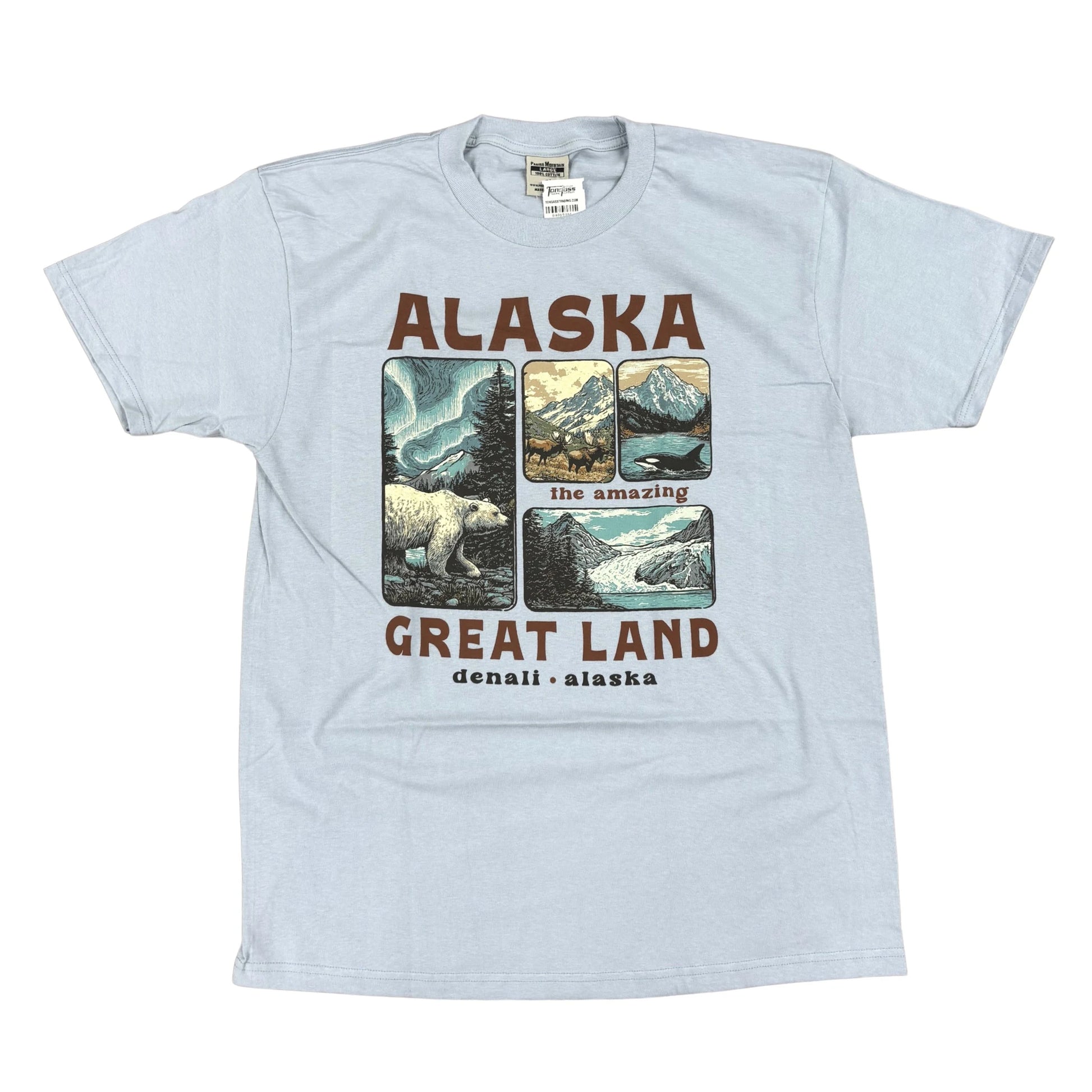 Light blue t-shirt with Alaska-themed graphic and text on a white background