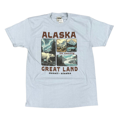 Light blue t-shirt with Alaska-themed graphic and text on a white background