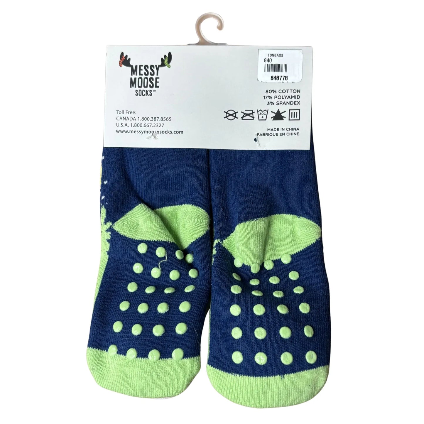 Pair of blue socks with green accents 