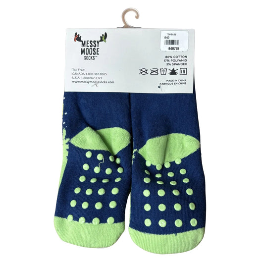 Pair of blue socks with green accents 