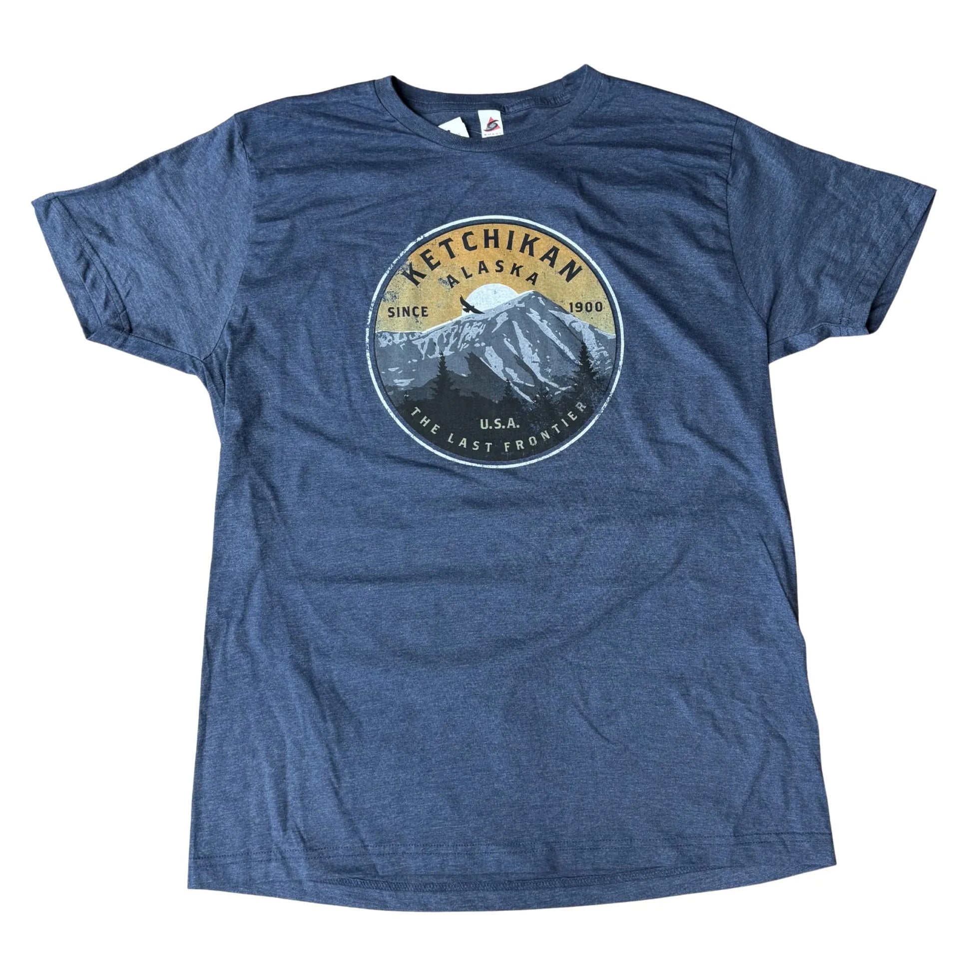 Blue t-shirt with Ketchikan, Alaska graphic on a white background