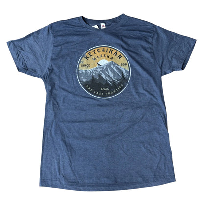 Blue t-shirt with Ketchikan, Alaska graphic on a white background
