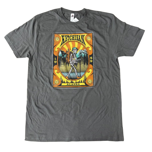 Gray t-shirt with a colorful graphic design on a white background