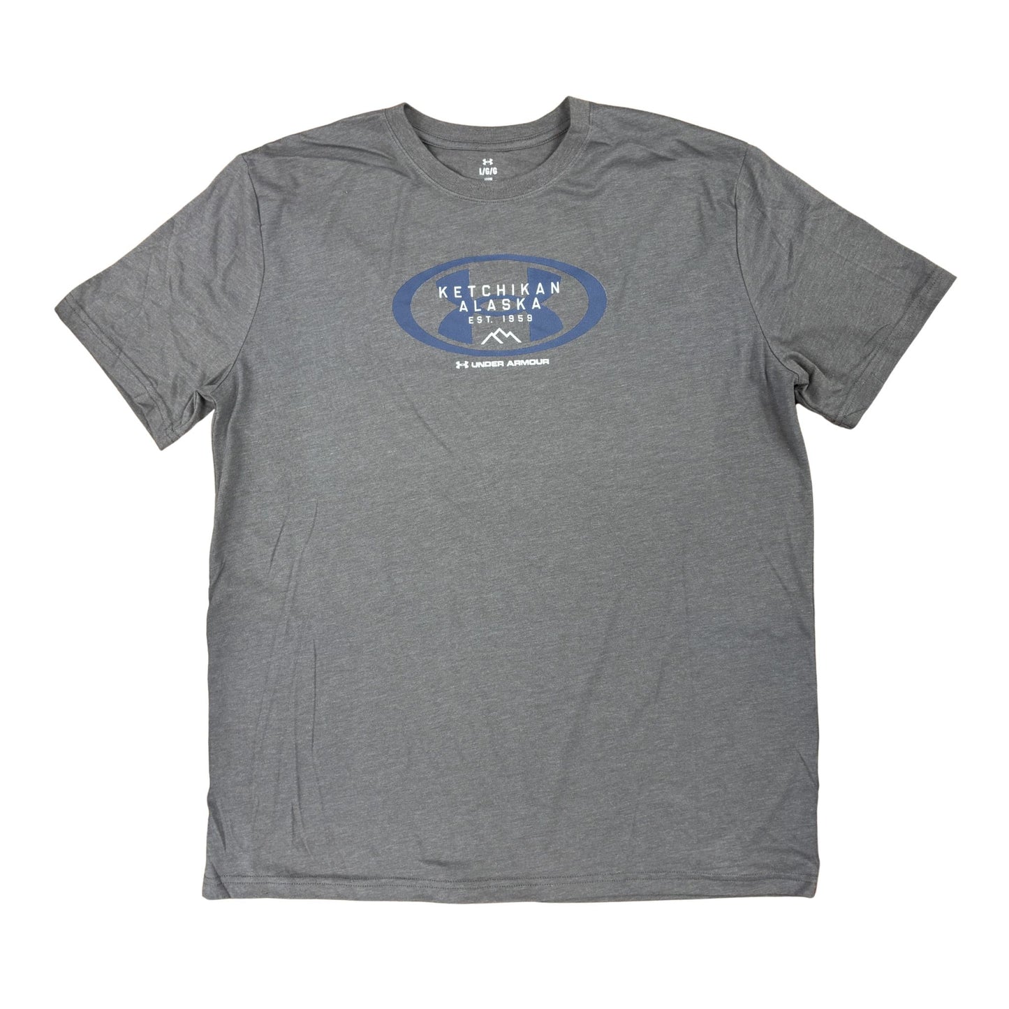 Gray t-shirt with a blue and white logo on a white background