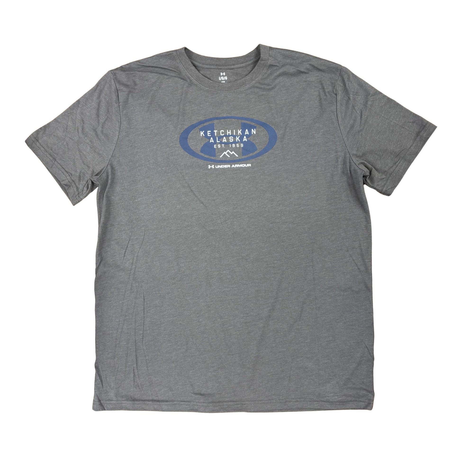 Gray t-shirt with a blue and white logo on a white background