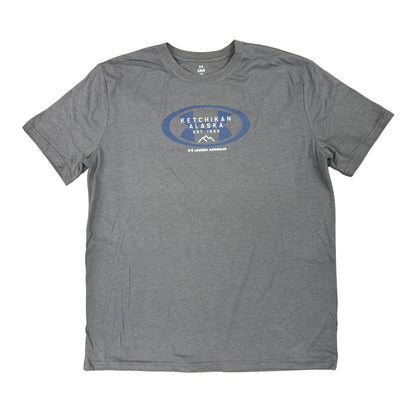 Gray t-shirt with a blue and white logo on a white background