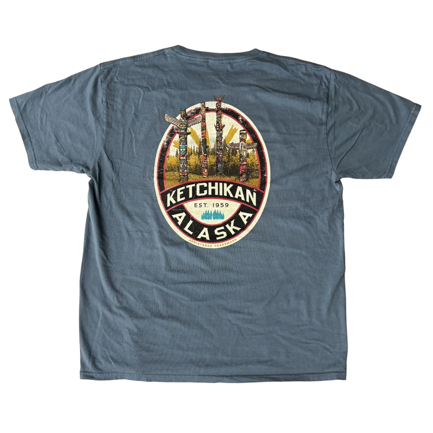 Blue t-shirt with totem pole design and Ketchikan Alaska text