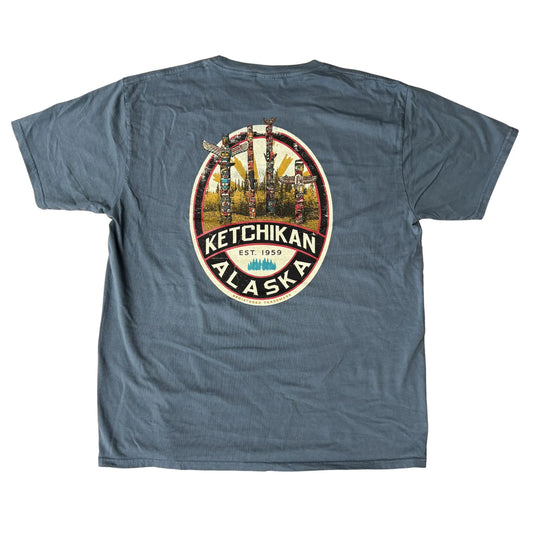 Blue t-shirt with totem pole design and Ketchikan Alaska text
