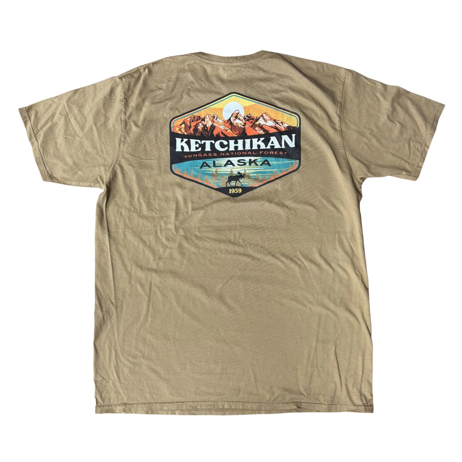 Beige t-shirt with Ketchikan Alaska graphic on a white background