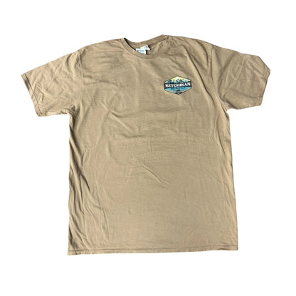 Beige t-shirt with a logo on the chest 