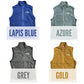 Four vests in different colors with labels for color names on a white background