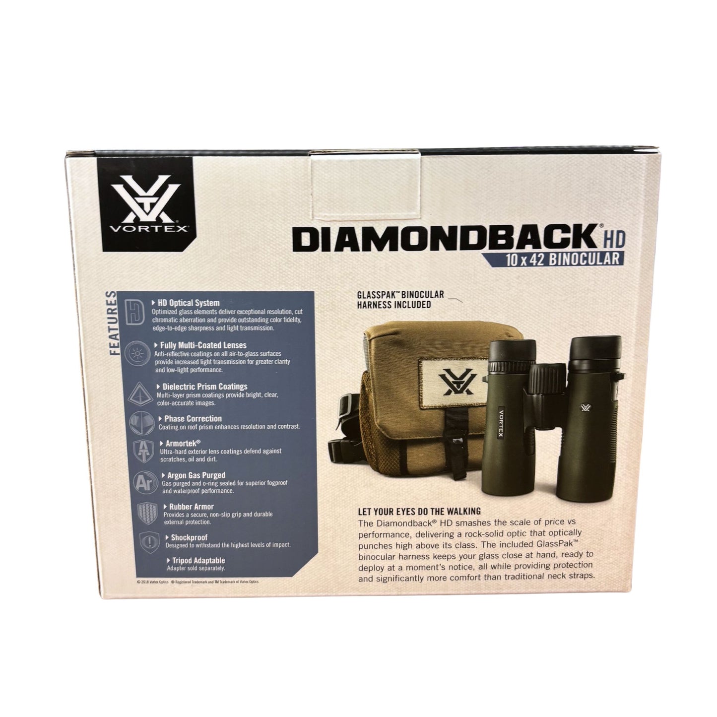 Vortex Diamondback HD 10x42 binoculars packaging with features listed on a beige background