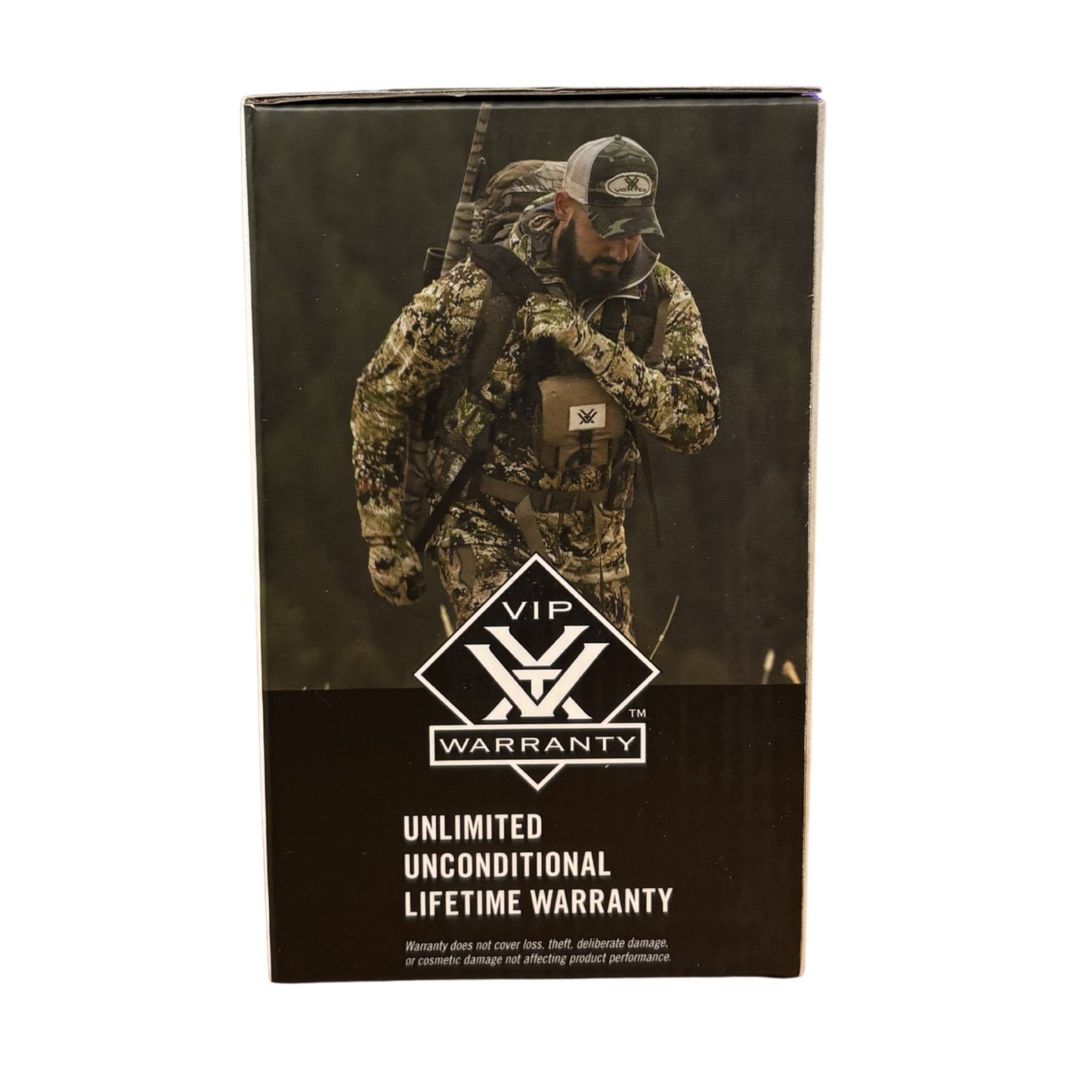 Product packaging with a person in camouflage gear and VIP Warranty logo.