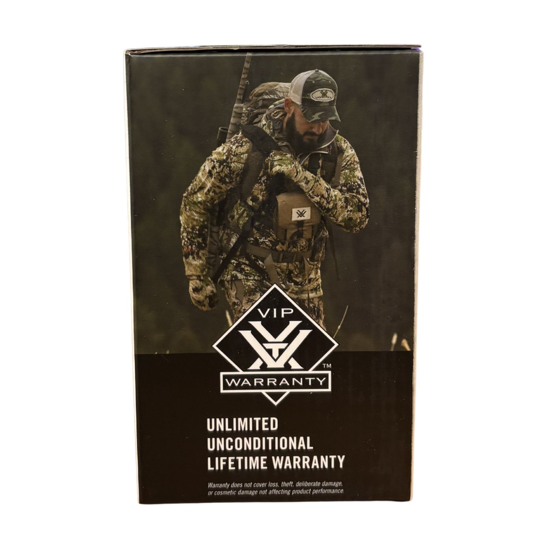 Product packaging with a person in camouflage gear and VIP Warranty logo.