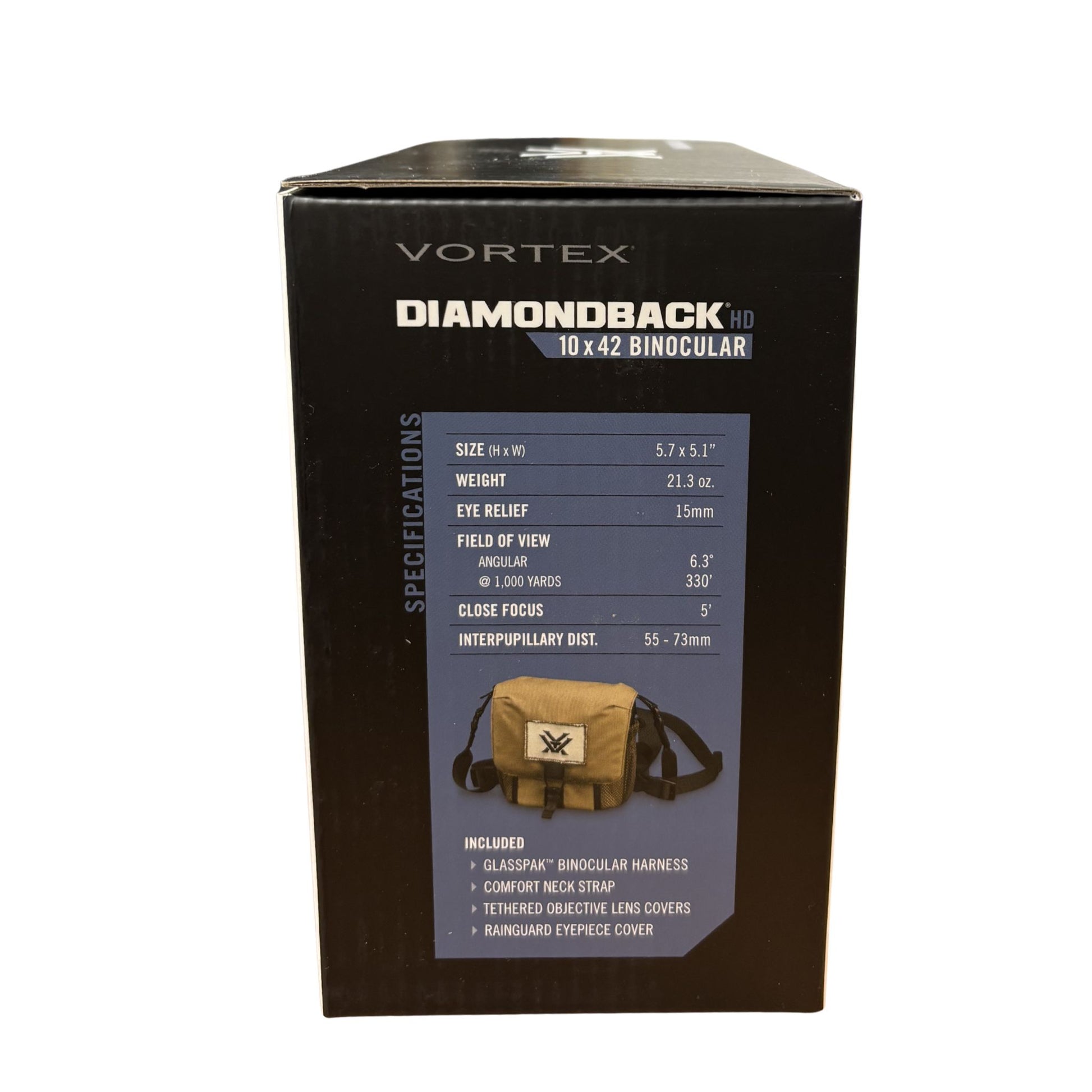 Vortex Diamondback HD 10x42 binoculars packaging with specifications on a white background