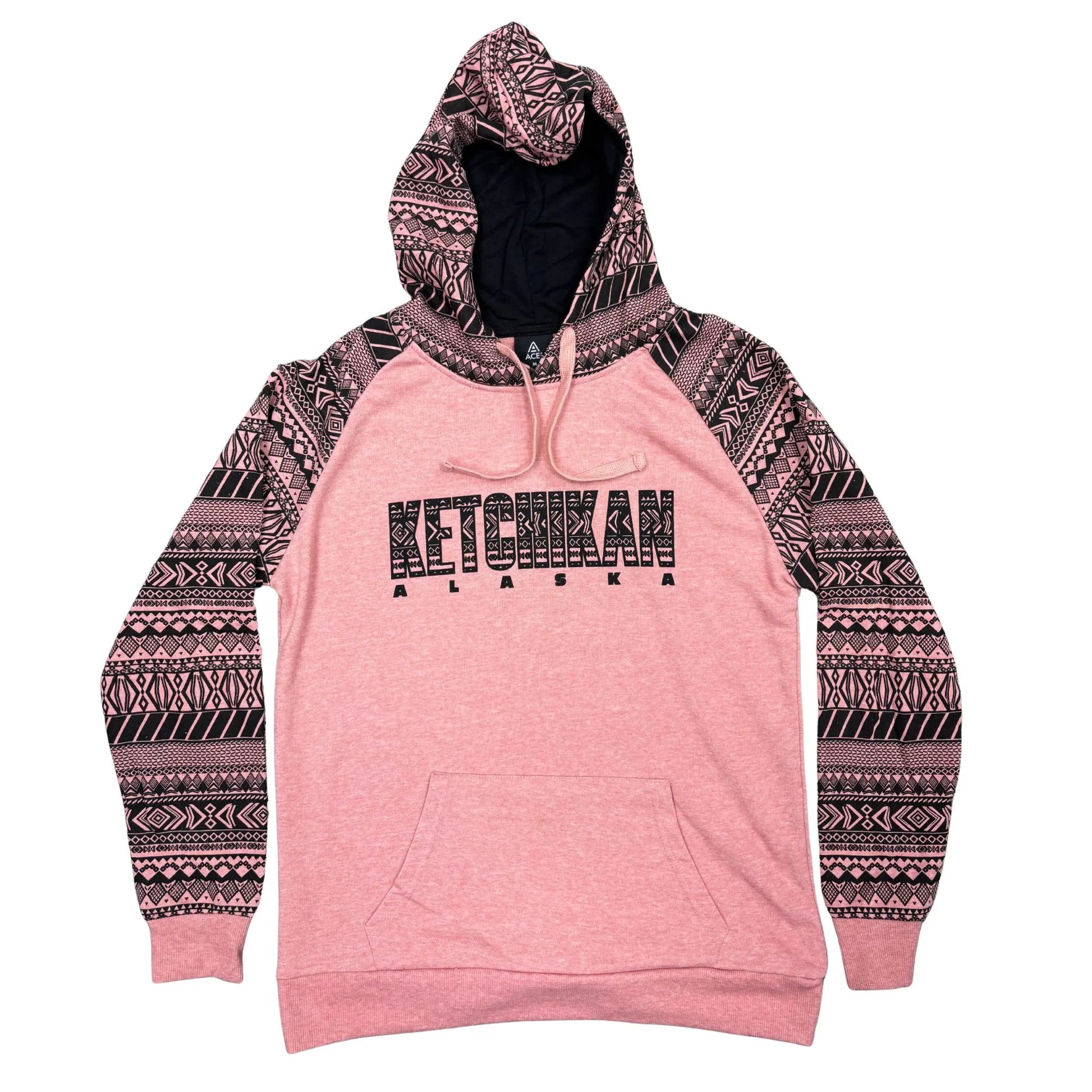 Pink Hoodie with geometric patterns on the sleeves and hood