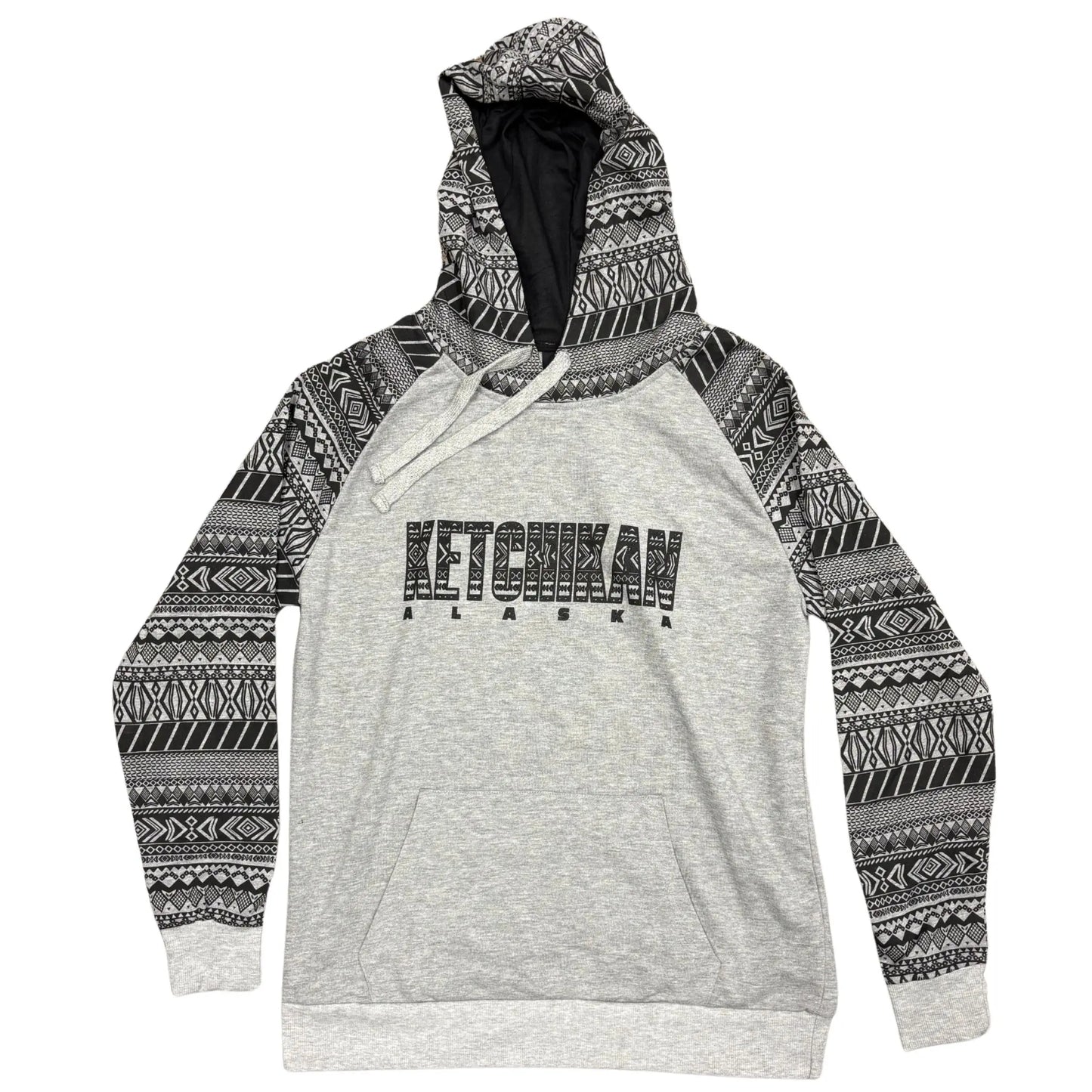 Grey hoodie with black and grey patterned sleeves and 'Ketchikan Alaska' text 