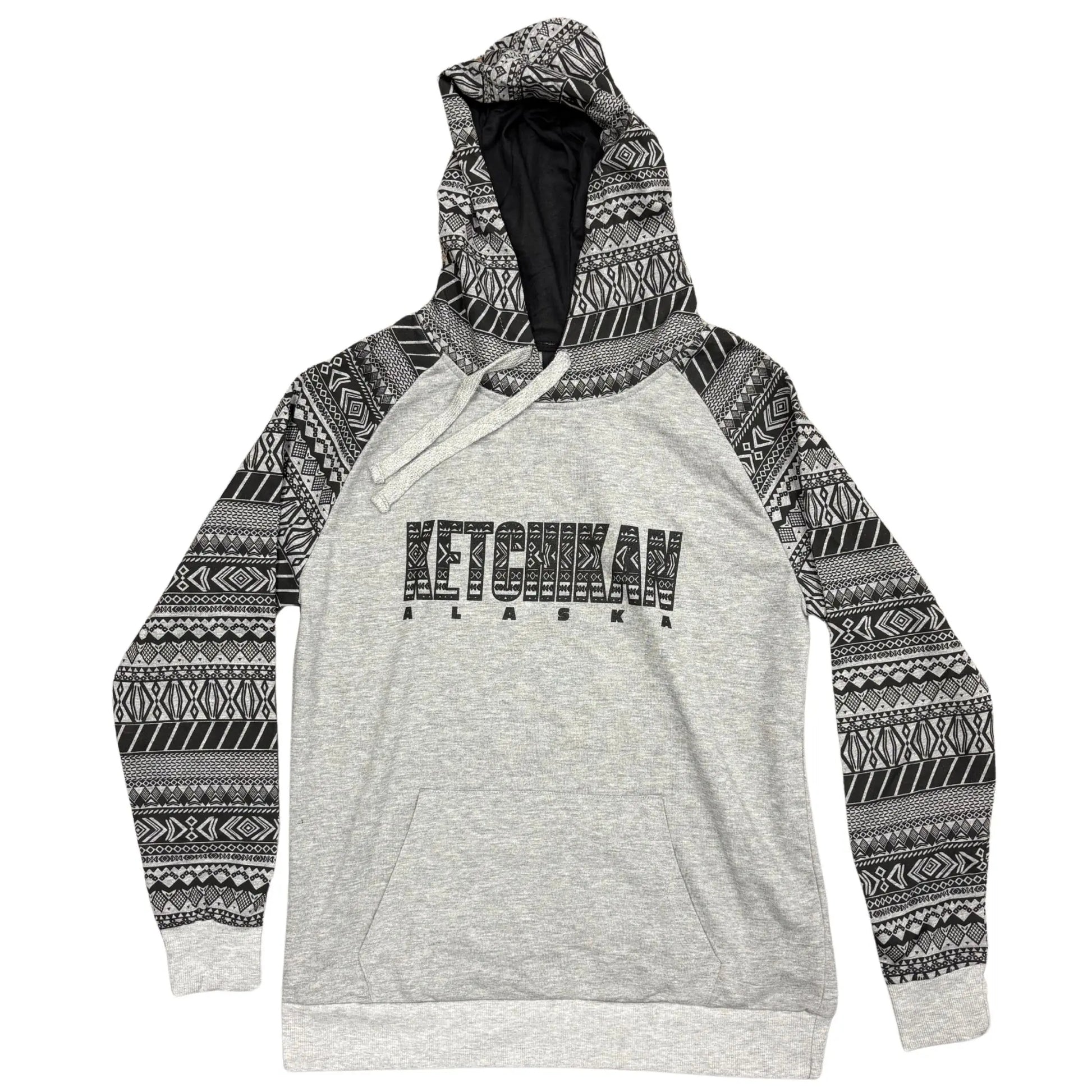 Grey hoodie with black and grey patterned sleeves and 'Ketchikan Alaska' text 