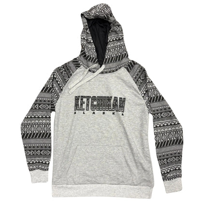 Grey hoodie with black and grey patterned sleeves and 'Ketchikan Alaska' text 
