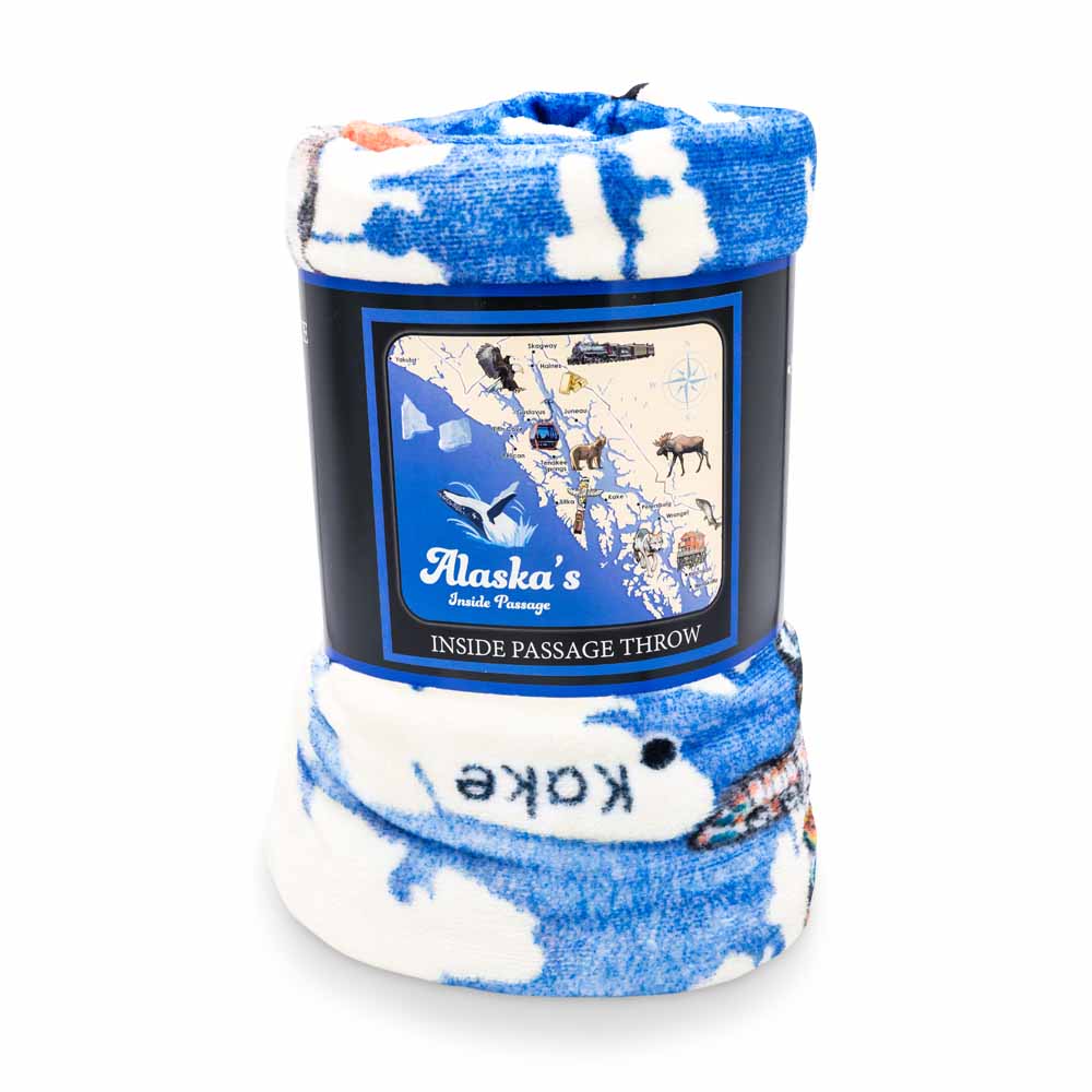 Alaska-themed throw blanket with map design on a white background
