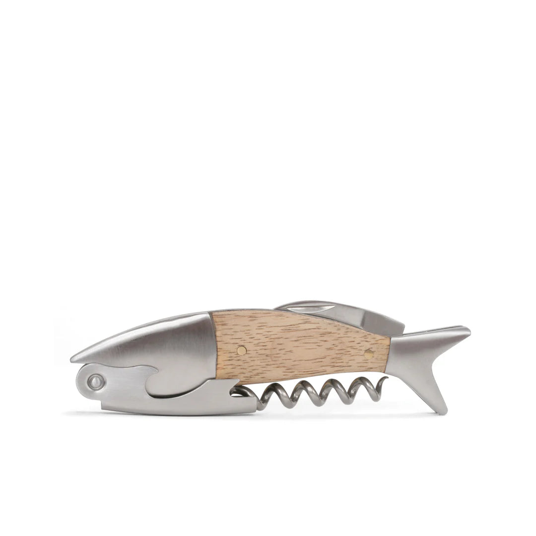 Fish-shaped corkscrew with wooden handle
