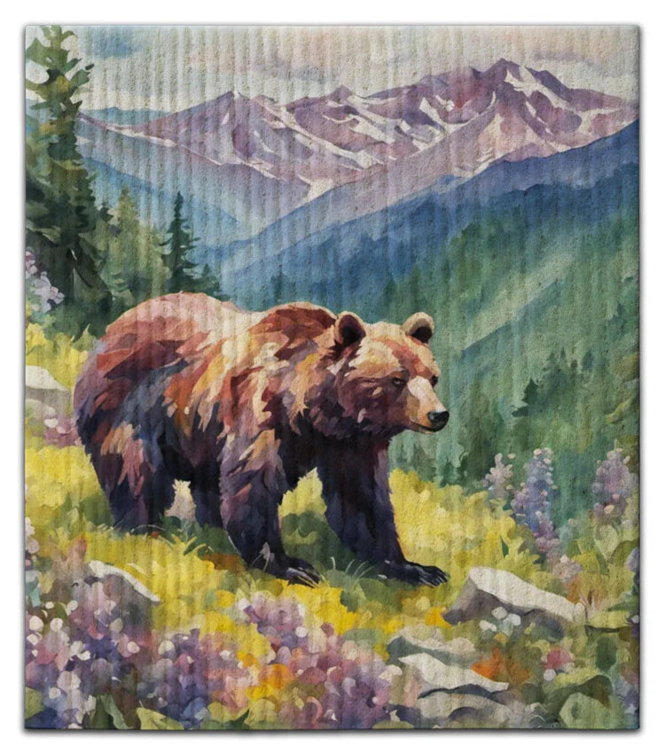 Eco dishcloth with a bear in a mountainous landscape design