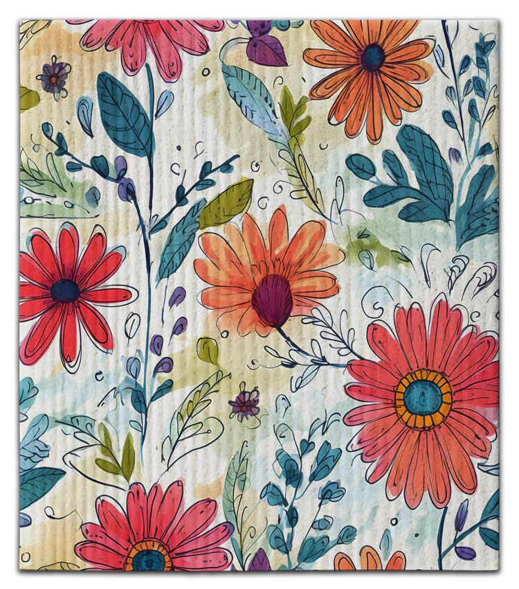 Colorful floral dish cloth with red, orange, and pink flowers on a textured background