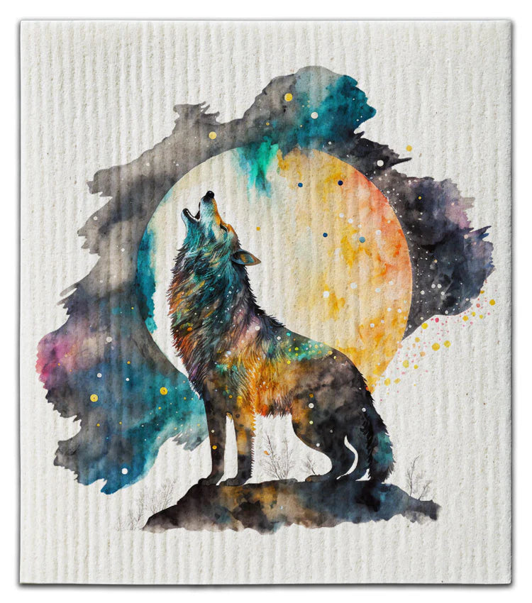 Colorful wolf silhouette against a watercolor background