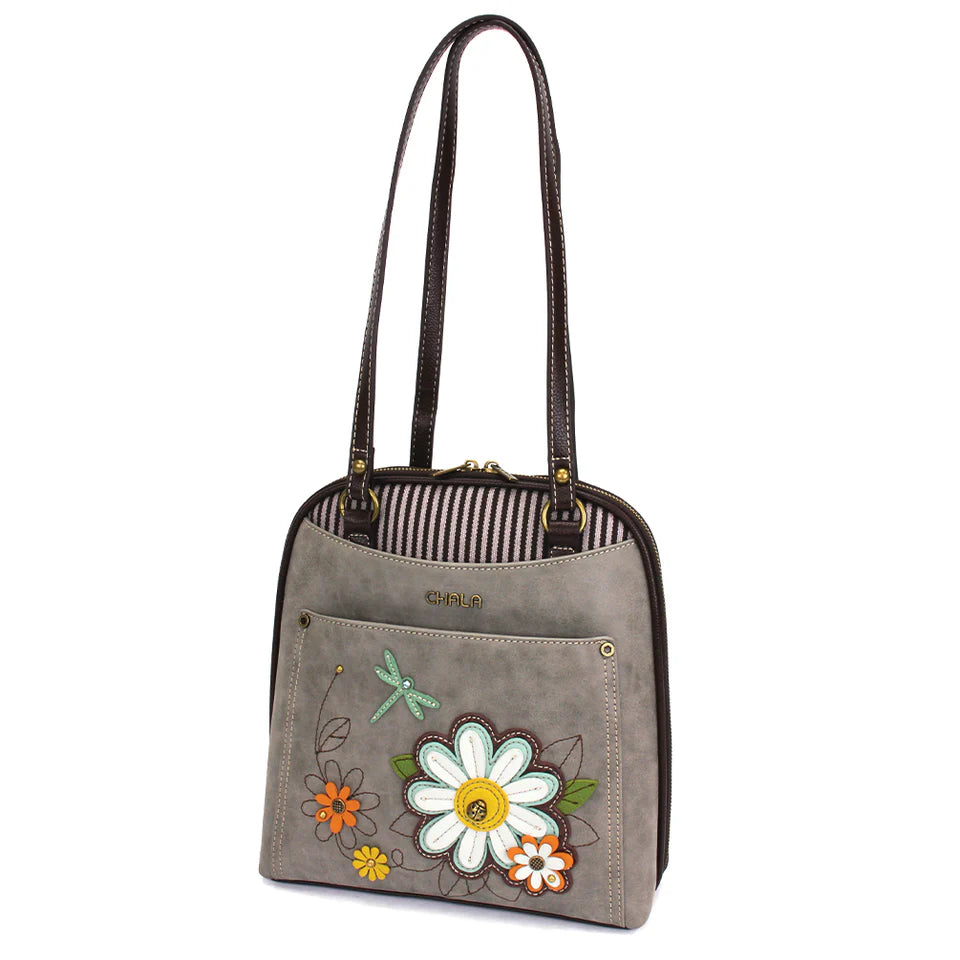 Gray handbag with floral designs on a white background