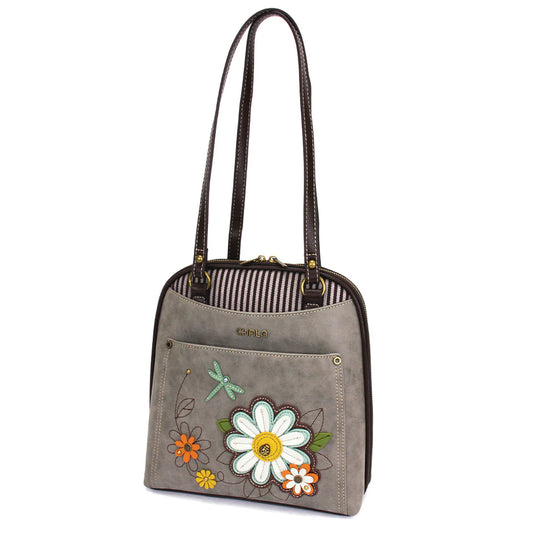 Gray handbag with floral designs on a white background