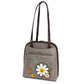 Gray handbag with floral designs on a white background