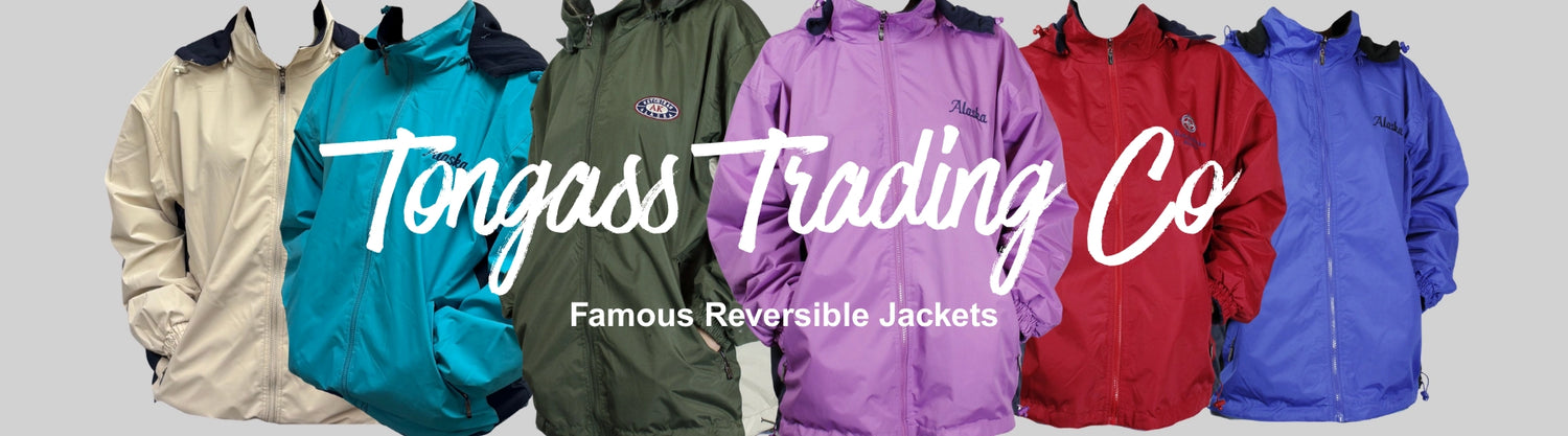 Collection of reversible jackets in various colors with 'Tongass Trading Co' branding.