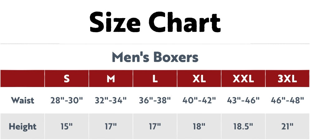 Size chart for men's boxers with waist and height measurements.