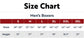Size chart for men's boxers with waist and height measurements.