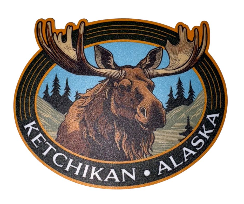 Moose head with antlers and Ketchikan Alaska text on a circular design