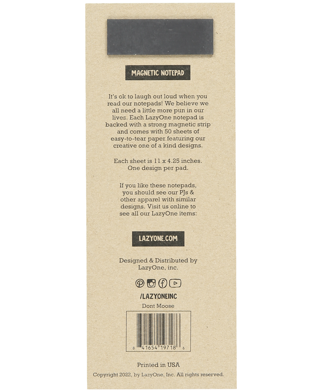 Back of a magnetic notepad packaging with text and branding information.