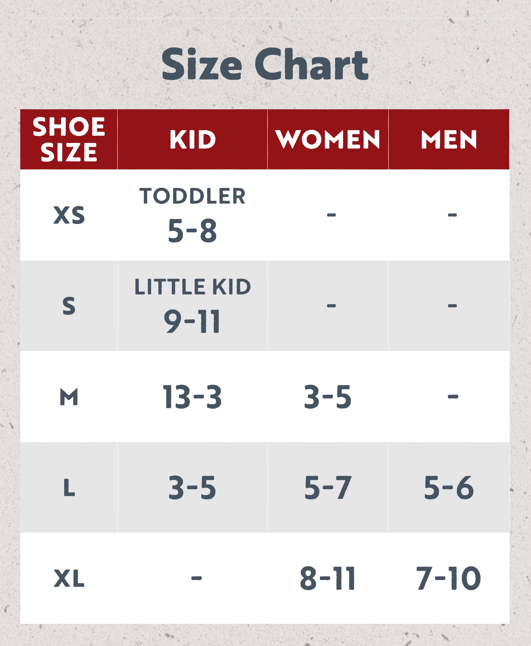 Size chart for shoes with dimensions labeled for kids, women, and men.